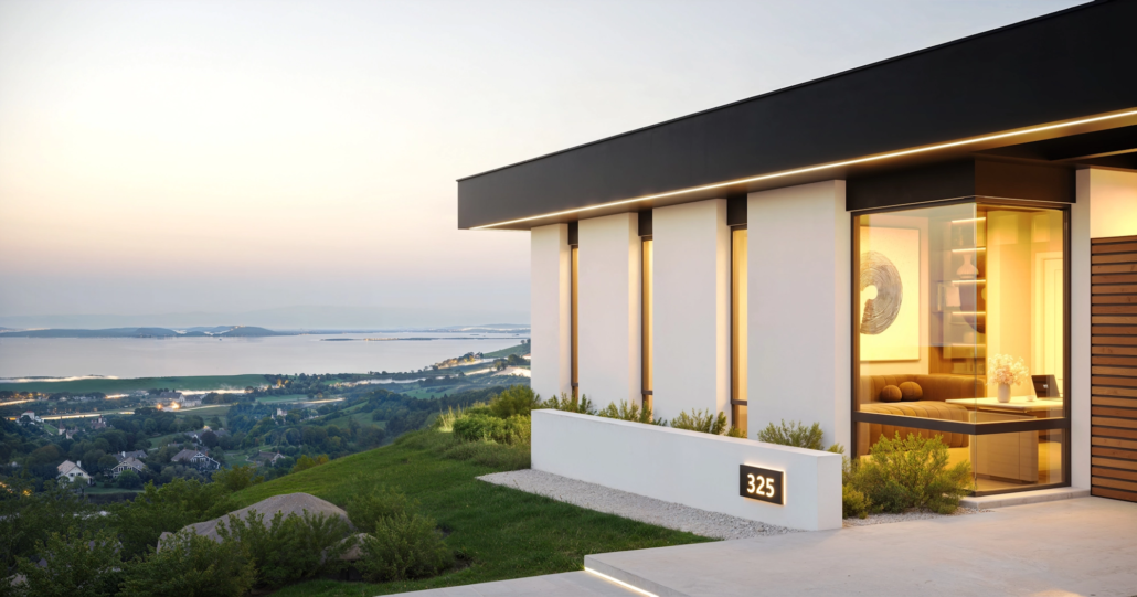 Modern house with large windows overlooking a scenic landscape with water in the distance during sunset.