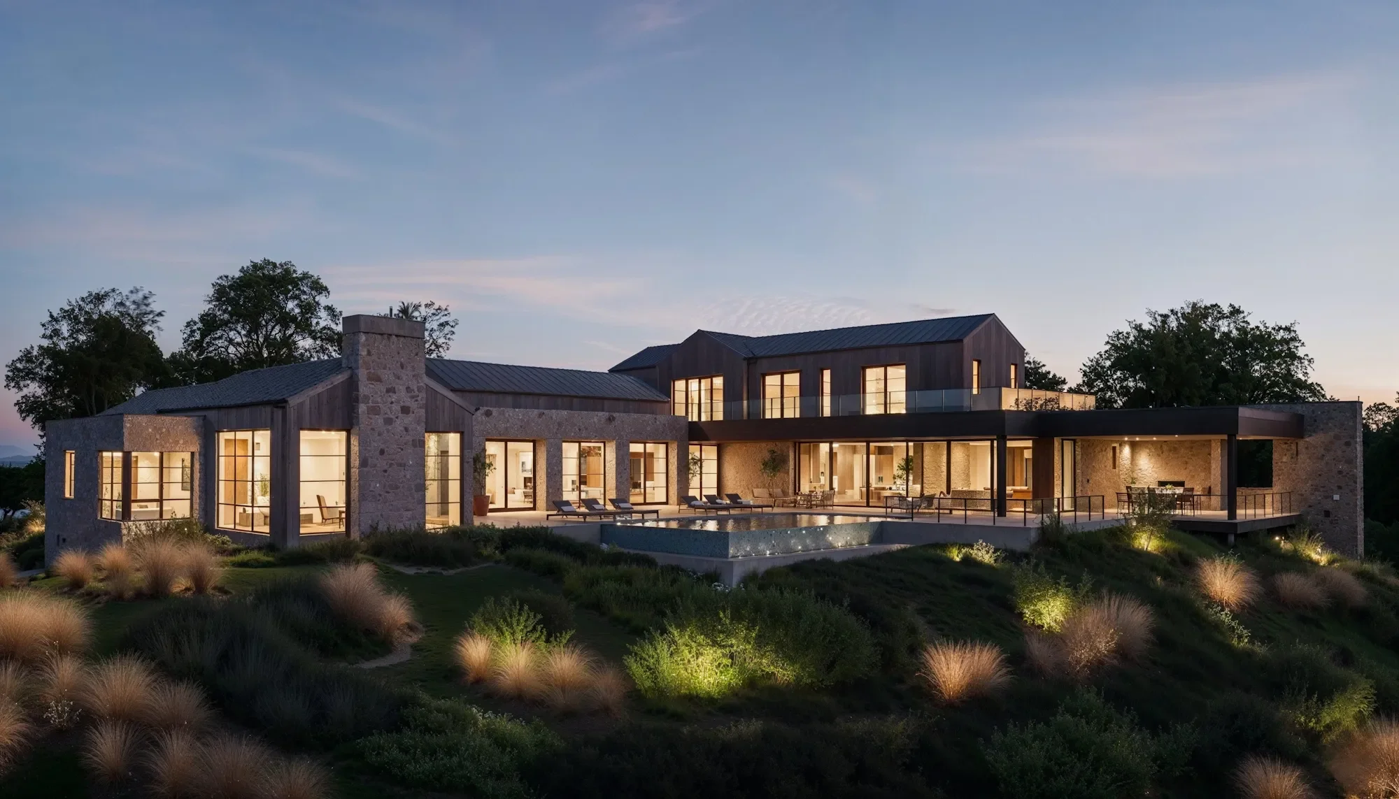 Modern house with large windows and outdoor pool, illuminated at dusk, surrounded by landscaped garden.