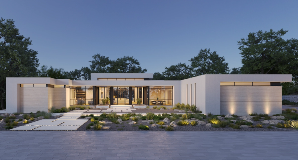 Modern single-story house with large glass windows and a flat roof, surrounded by a landscaped yard with rocks, plants, and outdoor lighting, at dusk.
