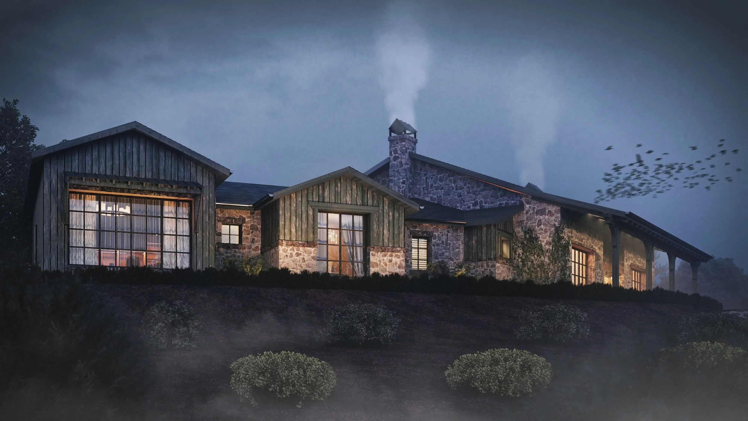 A large house with a stone and wood exterior, multiple windows with warm lighting, surrounded by bushes and trees, under a cloudy sky at dusk with birds flying.
