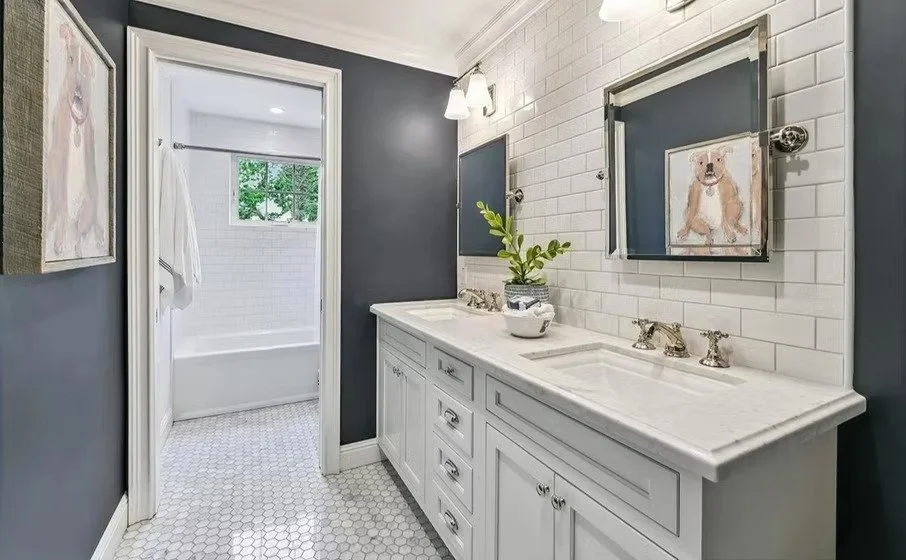 A modern bathroom with a white vanity, a large mirror, a potted plant, and a separate shower and bathtub area visible through an open door. The bathroom walls are painted dark blue with white subway tile accents.