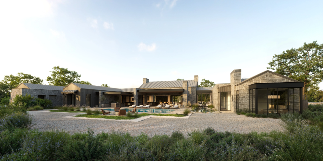 Modern stone house with outdoor pool and patio, surrounded by green bushes and trees on a clear day.