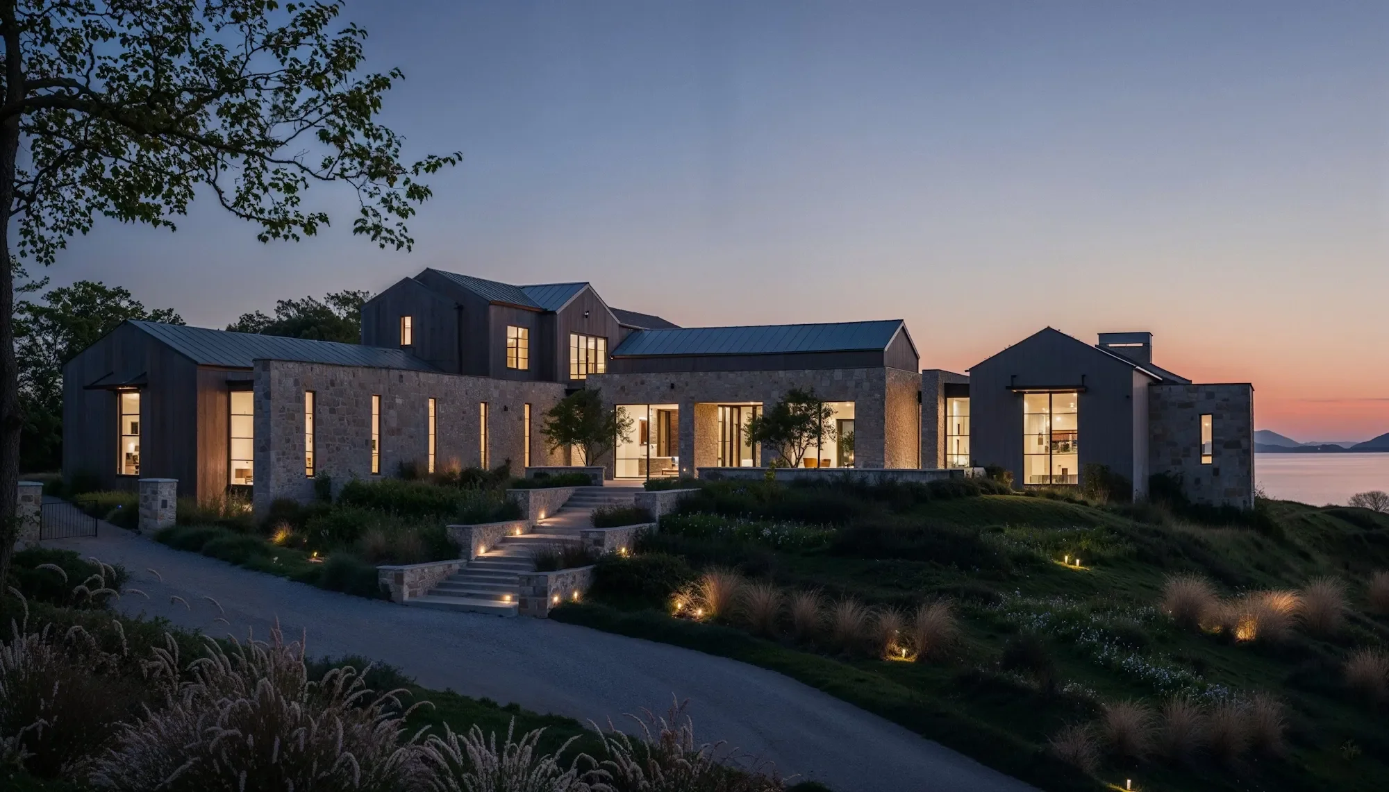 Modern house illuminated at dusk with large windows, surrounded by landscaped garden and pathway, overlooking water and distant mountains.