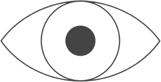 An abstract black and white line drawing of an eye with a circular pupil and iris.