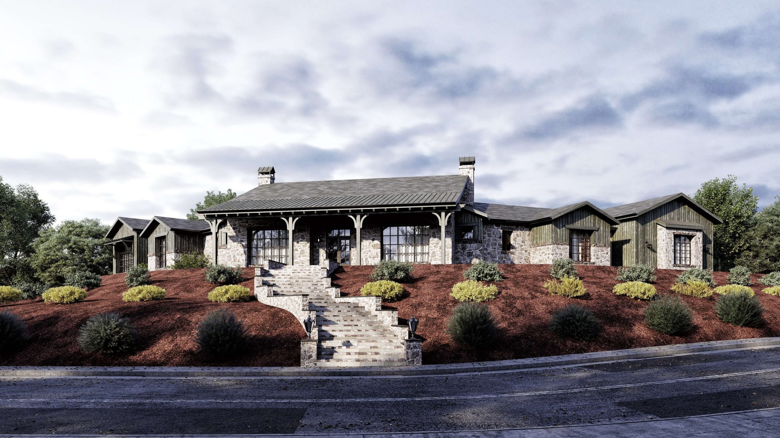 A house with stone and dark wooden siding, a front porch, and multiple chimneys, situated on a landscaped hill with steps leading to the entrance.