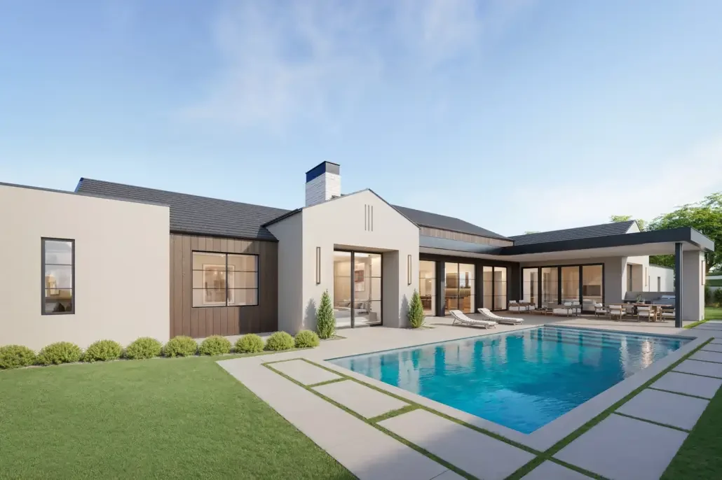 Modern house with a backyard pool, patio furniture, and a well-manicured lawn under clear blue sky.
