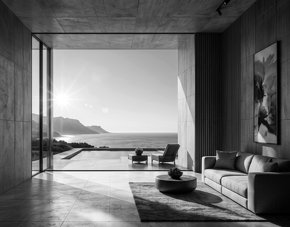 Modern living room with large open sliding glass doors showing a sea view and mountains, sun setting in the sky, with indoor furniture including a sofa, armchairs, and a coffee table.
