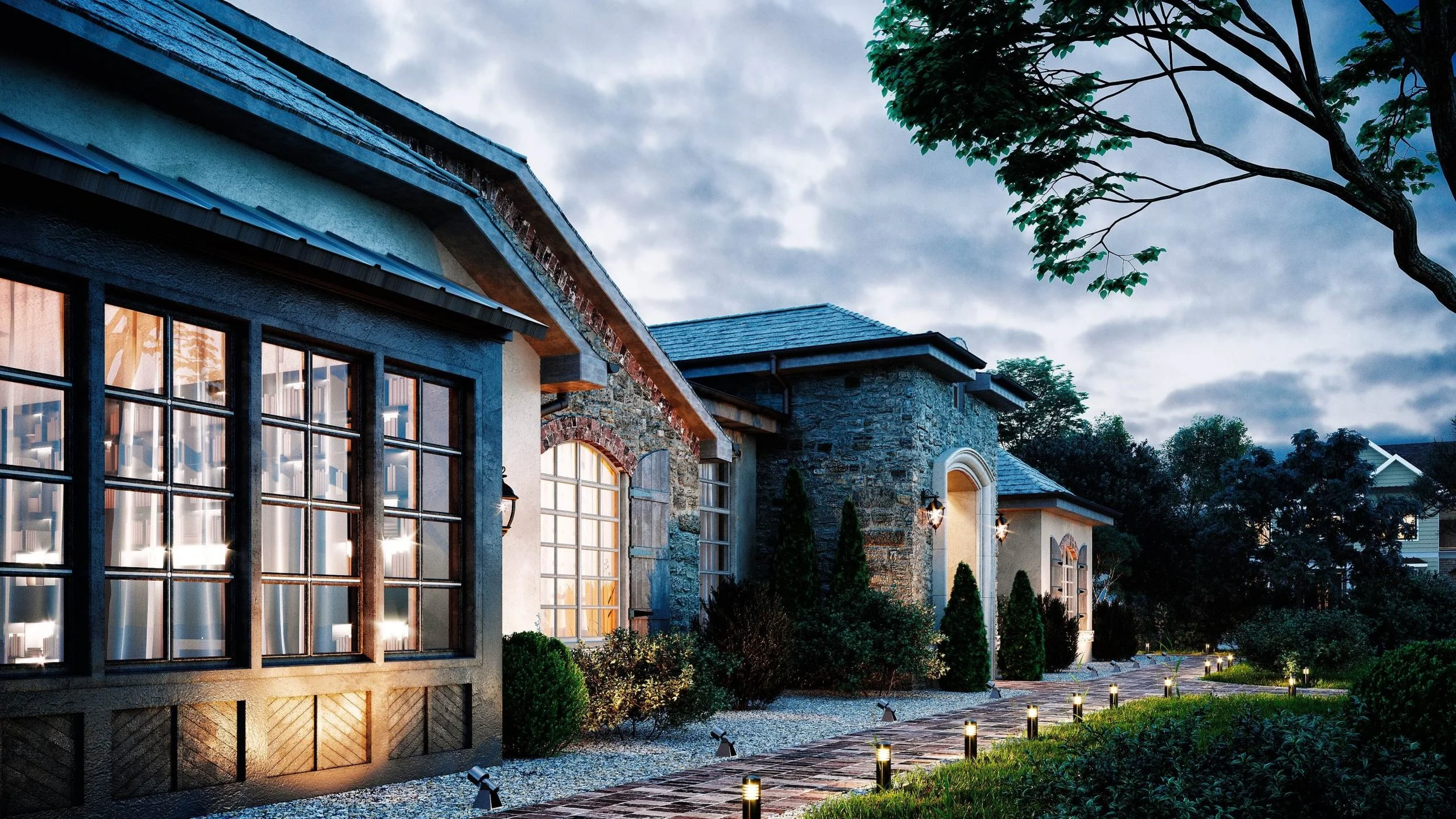 Front view of a modern suburban house during twilight with large windows, stone and stucco exterior, and a well-lit walkway lined with small landscape lights.