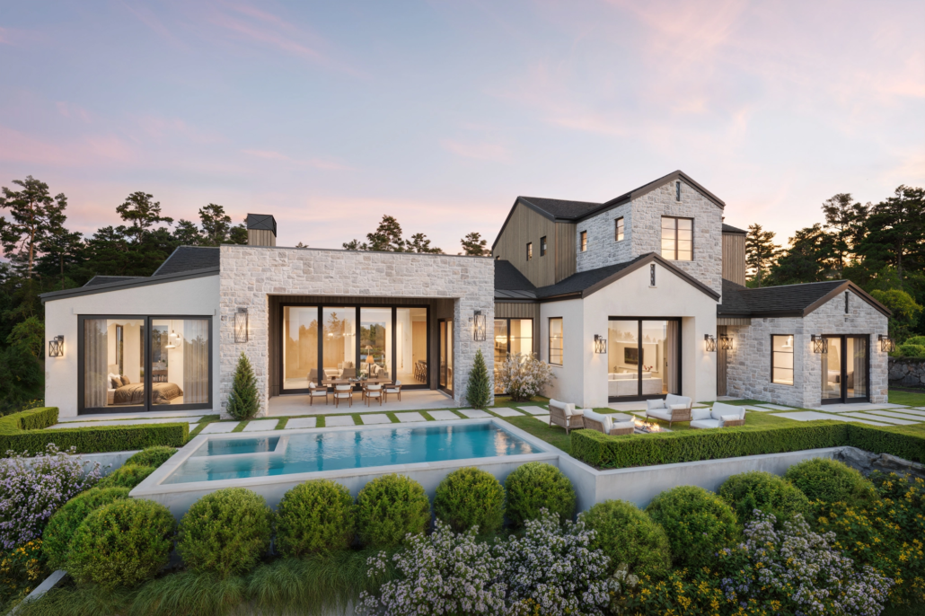 Modern house with a stone and wood exterior, large windows, an outdoor pool, and landscaped garden with hedges and flowers at sunset.