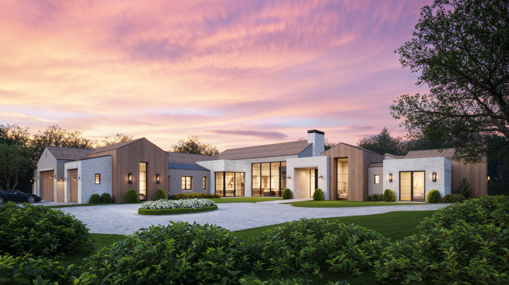 Modern house with wood and white brick exterior, large windows, surrounded by green lawn and bushes, at sunset with colorful sky