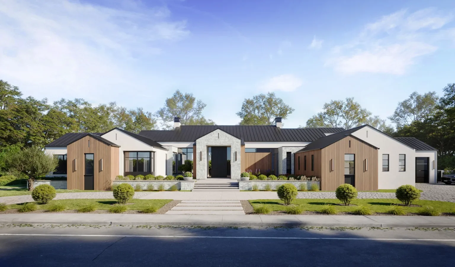 Modern residential home with a symmetrical design, white exterior walls, wooden accents, black roof, landscaped front yard with small bushes, trees, and a pathway leading to the front entrance.