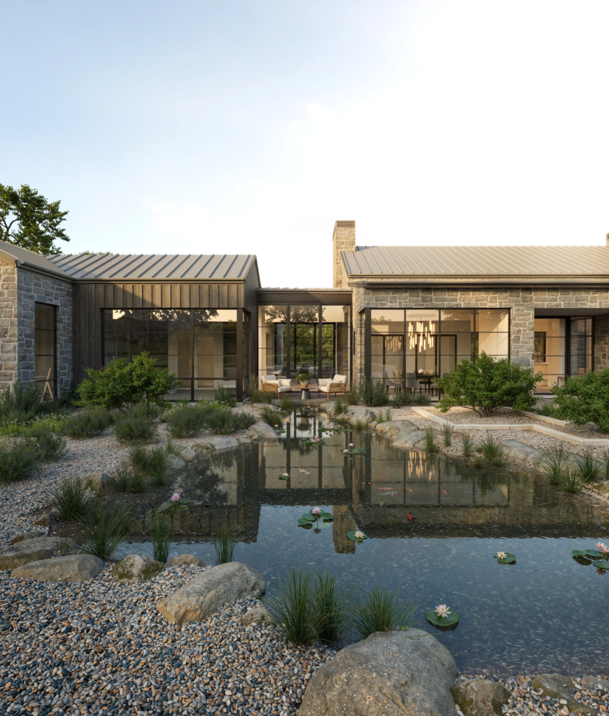 Modern house with stone and wood exterior, large glass windows, surrounded by a landscaped garden with a pond featuring lily pads and rocks, and outdoor seating area.