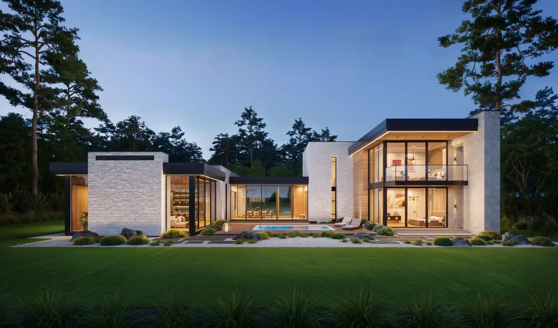 Modern two-story house with large glass windows, a swimming pool, and outdoor seating, set against a backdrop of tall trees at twilight.