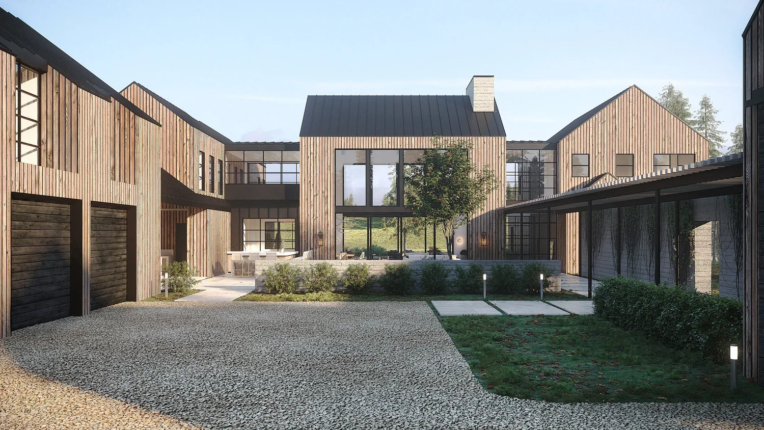 Modern residential courtyard with wooden houses, large glass windows, gravel driveway, small garden, and outdoor furniture.