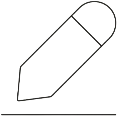 A black and white outline drawing of a pencil with a rounded top and pointed tip, viewed from side