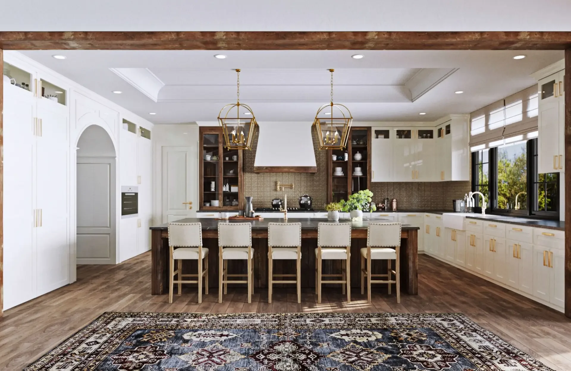 Modern kitchen with white cabinets, wooden accents, a kitchen island with seating, pendant lighting, and a large window overlooking trees