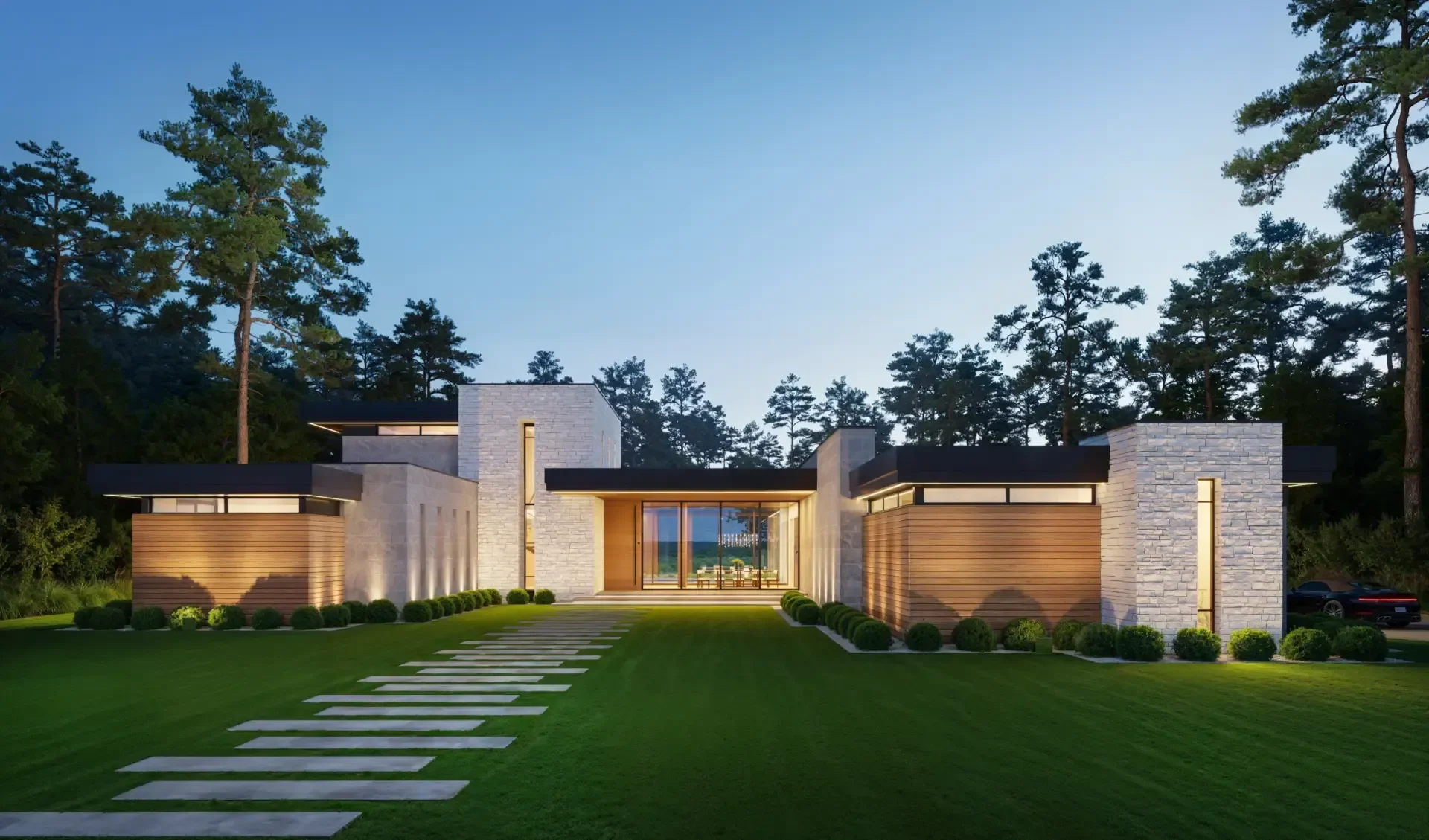 Modern house with large glass entrance, stone and wood exterior, surrounded by neatly trimmed lawn, trees in background, and evening lighting.