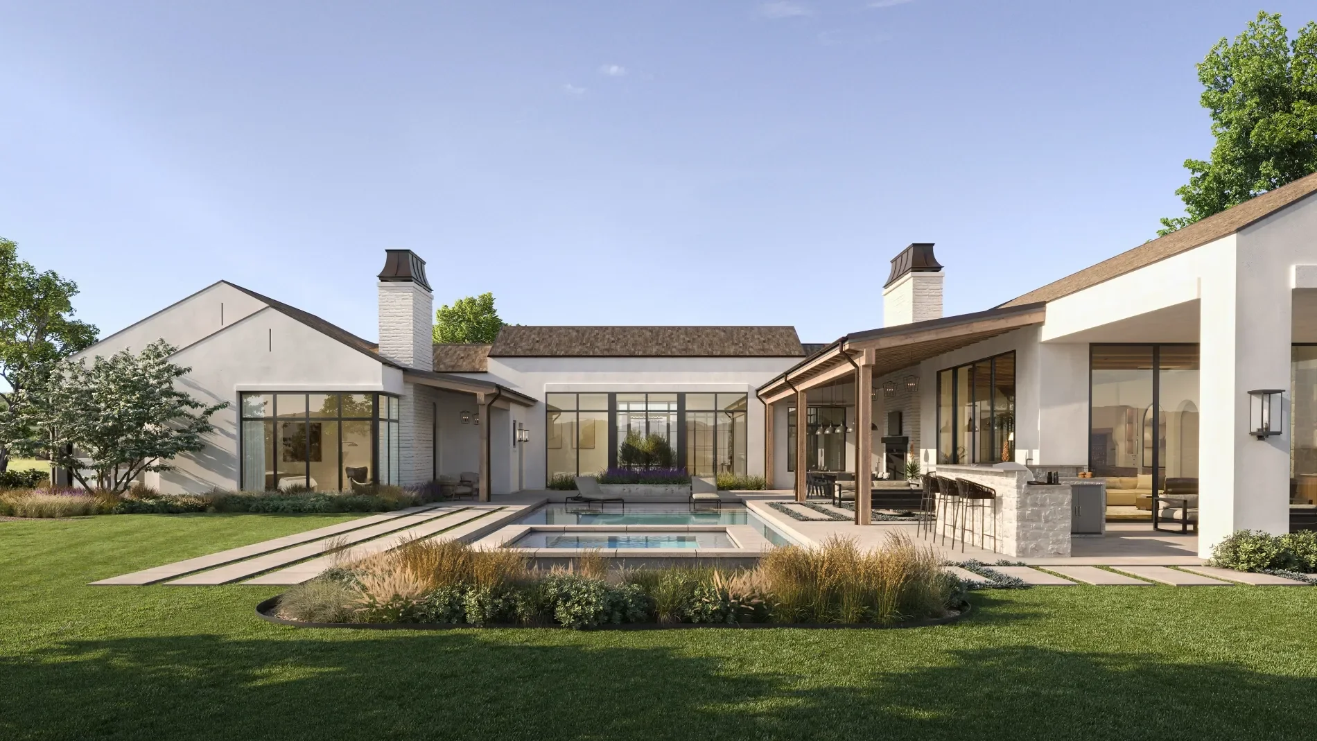Modern house with large glass windows, outdoor pool, and landscaped backyard with green grass, trees, and shrubs.