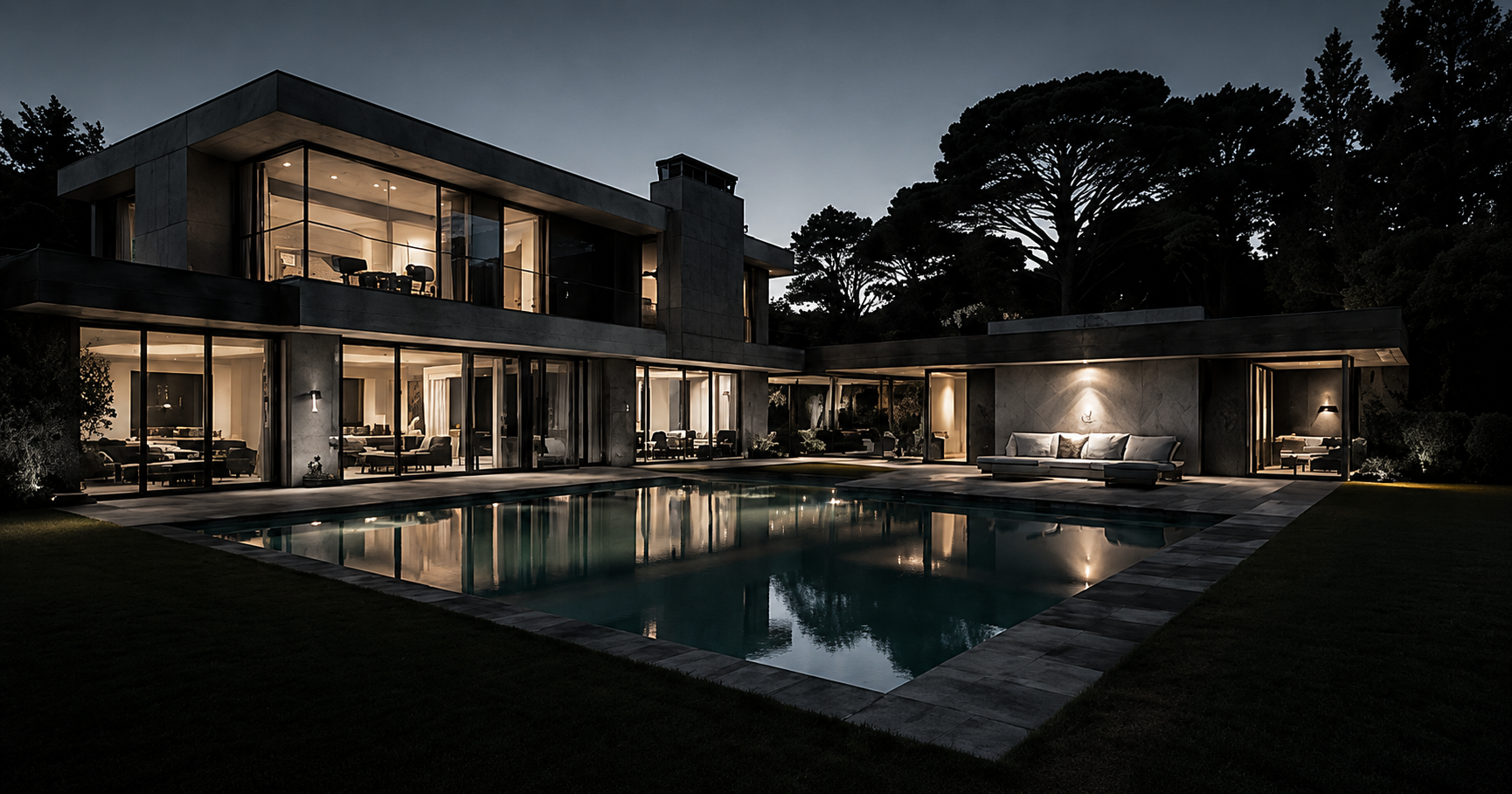Luxury modern house illuminated at night with large windows, outdoor pool, and surrounding trees.