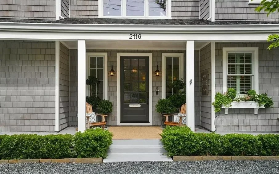 Front porch of a house with a black door, two wooden chairs with cushions, potted plants, white window boxes with flowers, and a house number 2116 on the gray shingled exterior