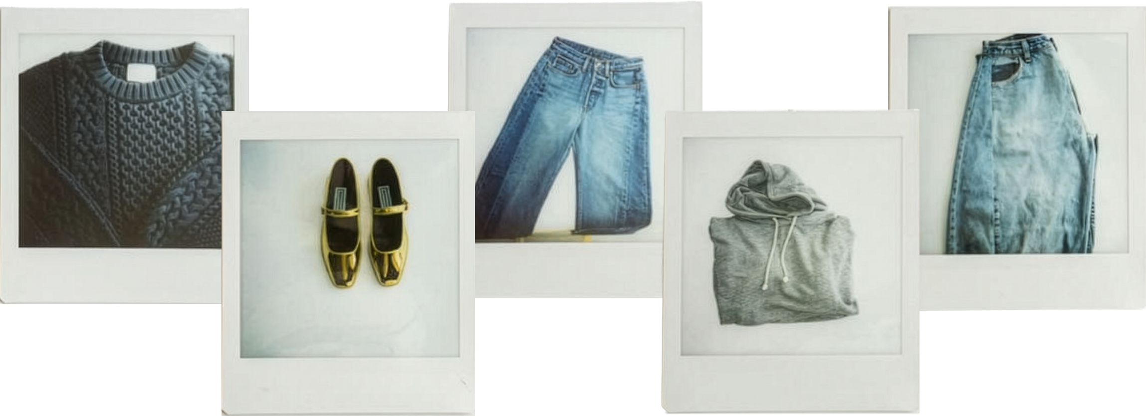 Display of five white-framed photographs of clothing items and shoes on a white wall. The items include a dark knit sweater, a pair of yellow and black shoes, a pair of blue jeans, a gray hoodie, and a pair of light blue jeans.