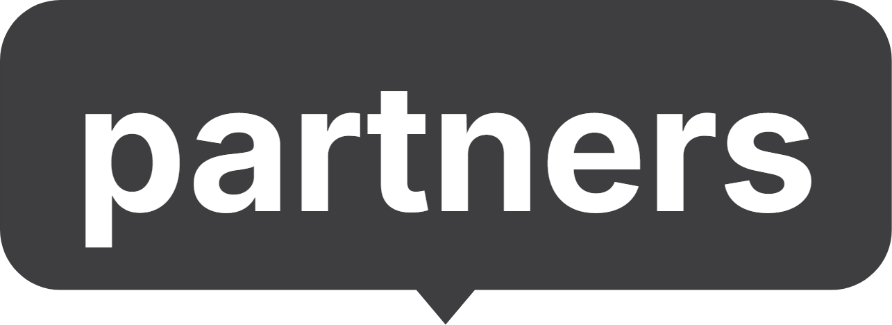 Text bubble with the word 'partners' in white letters on a black background.