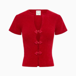 Red short-sleeve knitted cardigan with bow detail in the front