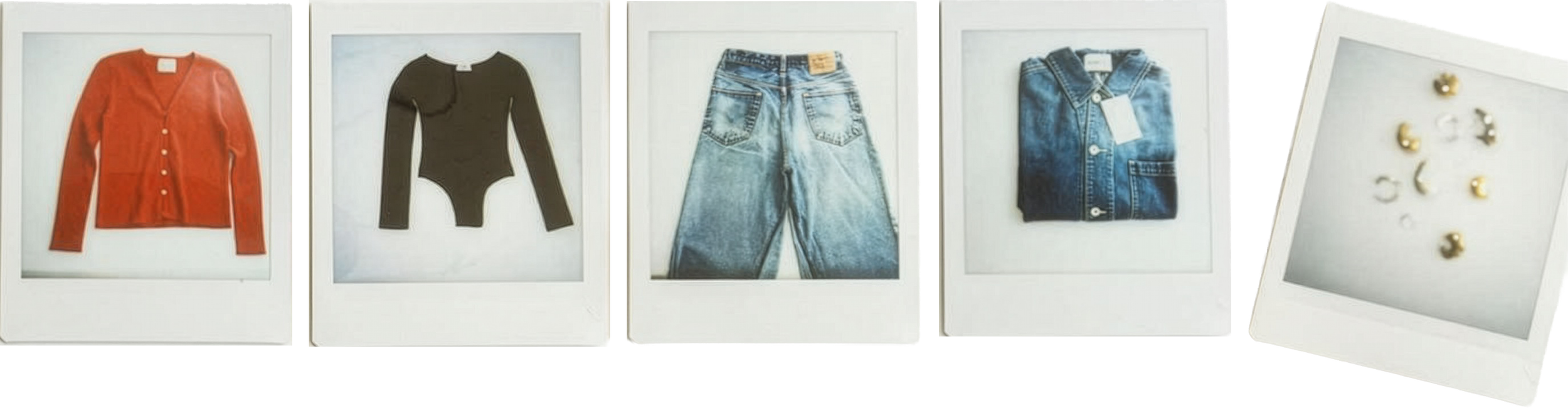 Five Polaroid-style photos showing clothing and accessories: a red cardigan, a black long-sleeve bodysuit, a pair of blue jeans, a folded blue denim shirt, and a plate with gold and silver earrings.