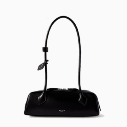Black handbag with a curved handle and a small zipper pocket on the side.