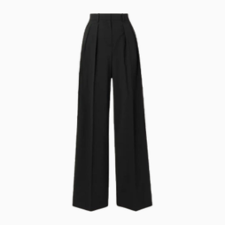 Black high-waisted, wide-leg trousers.