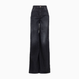 Pair of dark blue wide-leg jeans displayed against a white background.