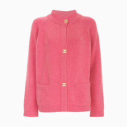 Pink cardigan sweater with gold clasp closures and front pockets