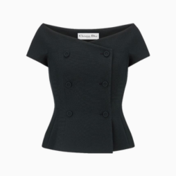 Black short-sleeve mid-length blazer with double-breasted buttons