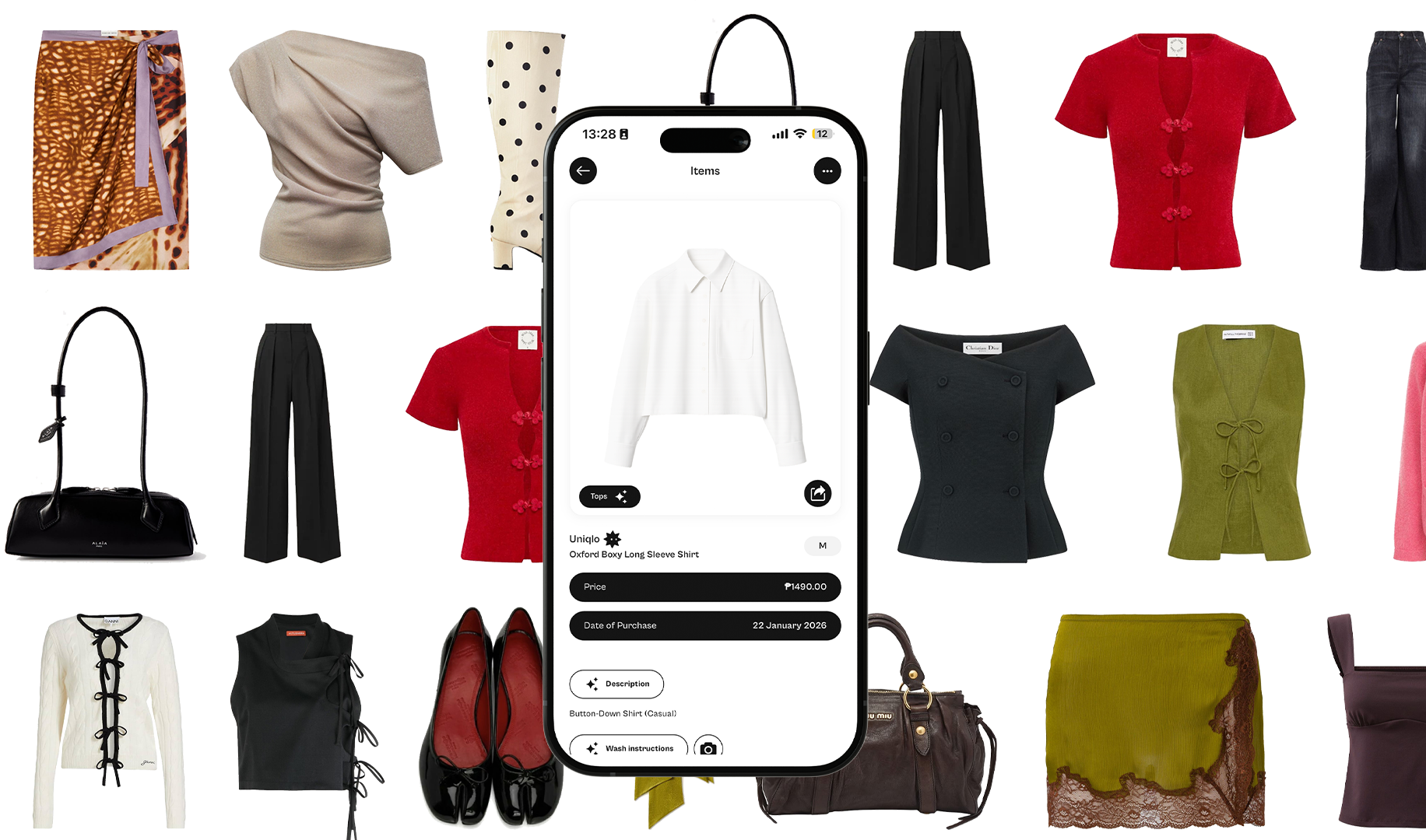 A smartphone screen displaying a shopping app with a white long-sleeve shirt for sale, surrounded by various clothing items including skirts, blouses, jackets, shoes, and handbags in different colors and styles.