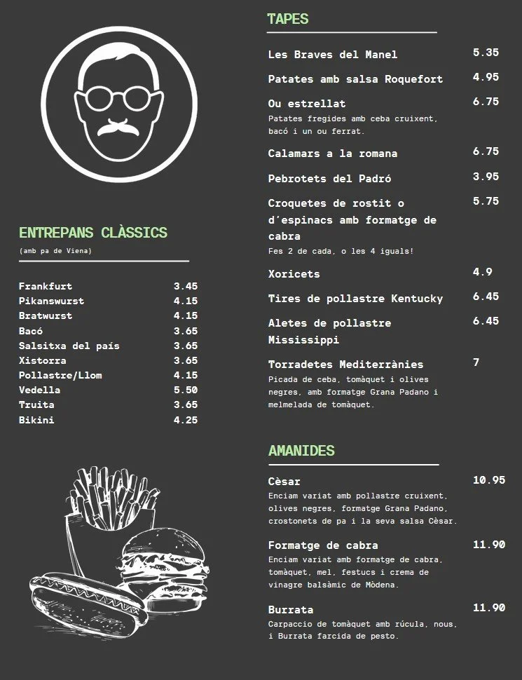 La carta con bocadillos pequeños, ensaladas y tapas.
