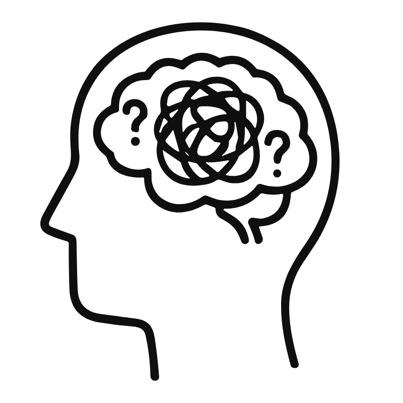 Illustration of a human head in profile with a tangled scribble inside the brain area and two question marks, representing confusion or mental dilemma.