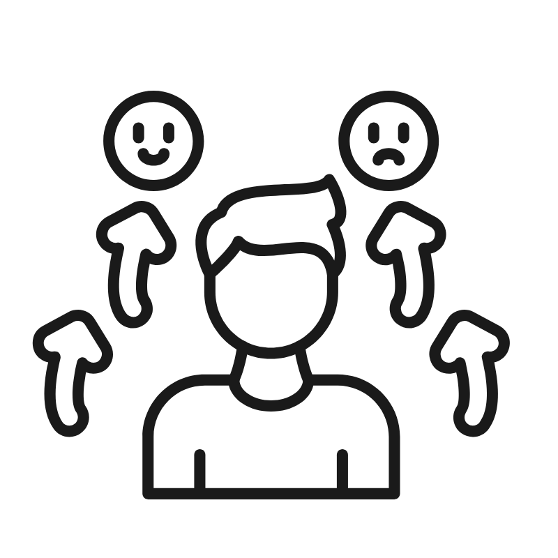 A person with arrows pointing towards a happy face and a sad face, indicating emotions or choices.