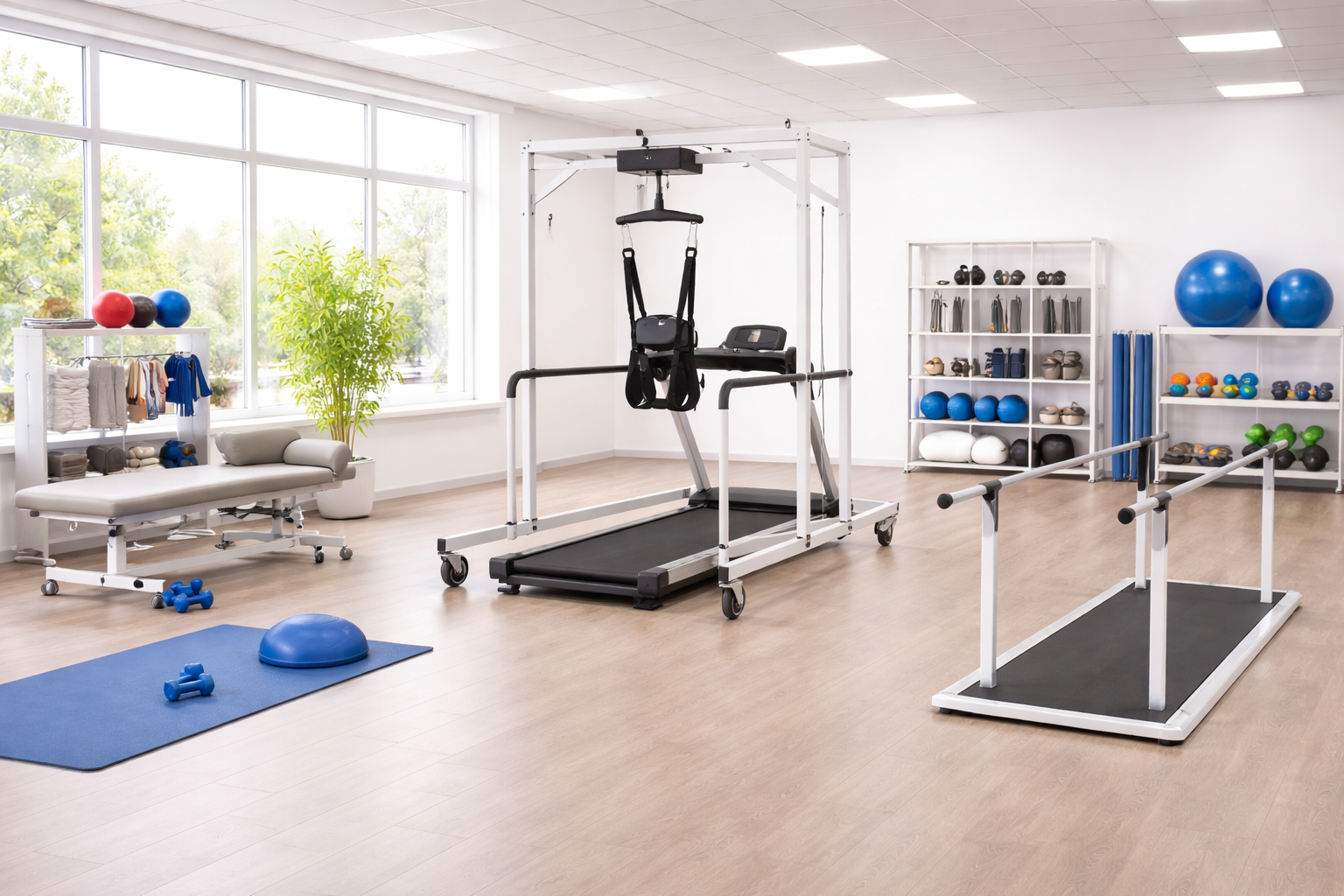 Empty physiotherapy gym with workout equipment, balance ball, dumbbells, resistance bands, parallel bars, and a treadmill