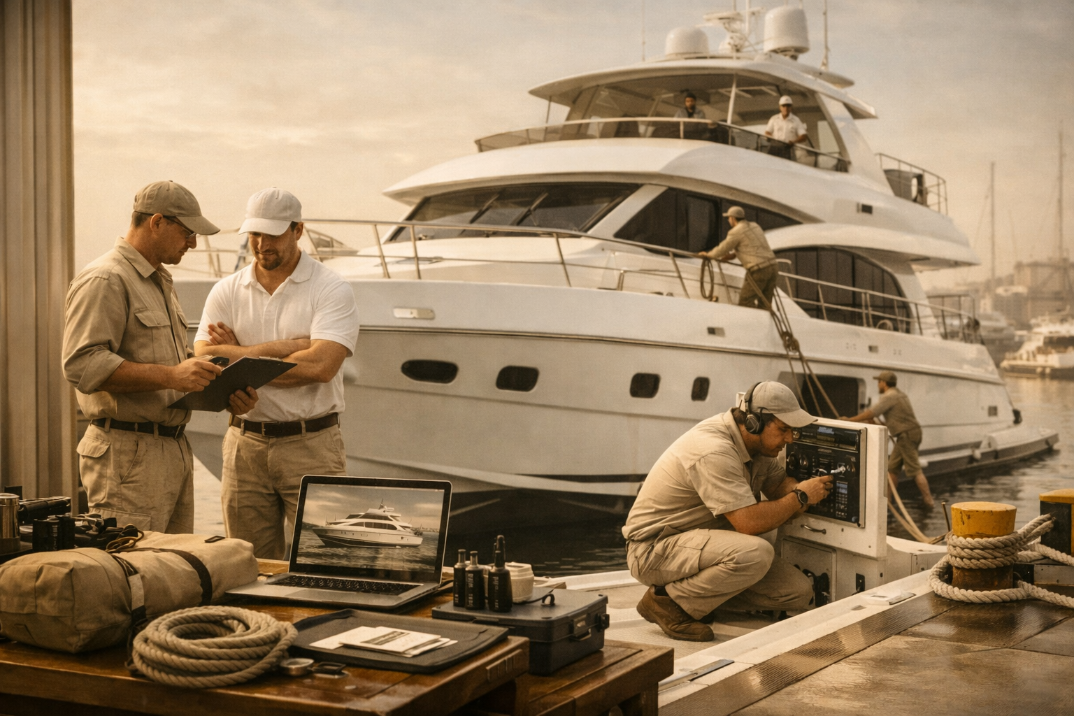 Team of technicians working on a luxury yacht at a marina, with equipment and a laptop on a nearby table.