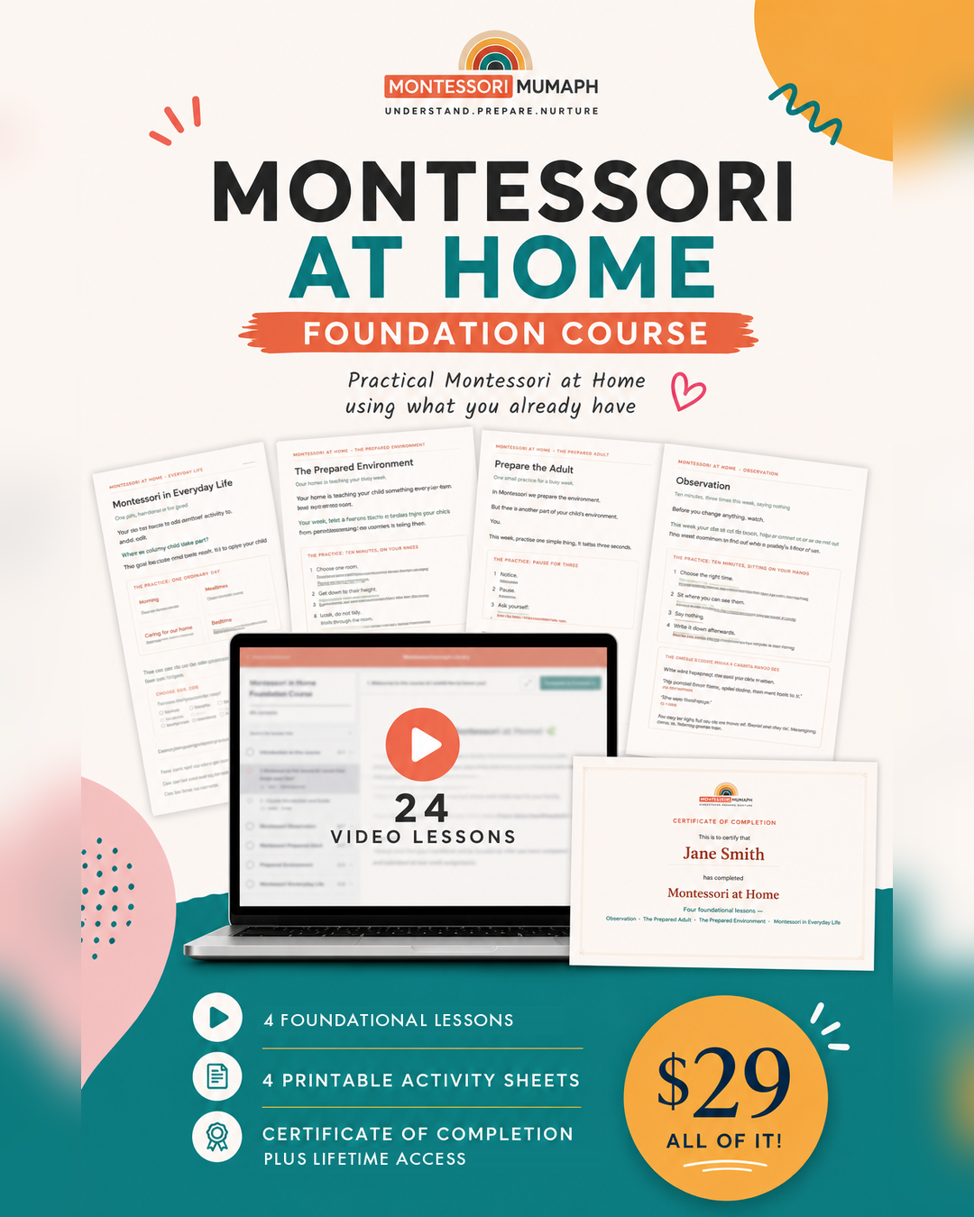 Promotional flyer for Montessori at Home Foundation Course featuring 24 video lessons, printable activity sheets, and a certificate of completion, priced at $29.