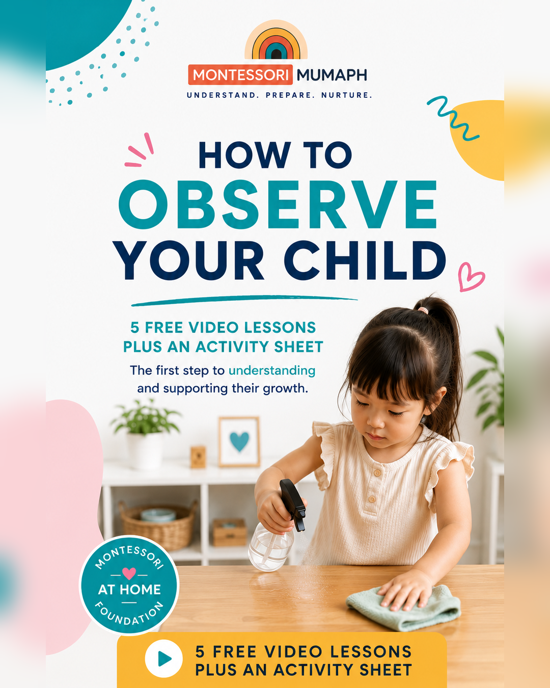 Cover page of a guide titled 'How to Observe Your Child' showing a young girl using a spray bottle to clean a table, with colorful abstract shapes and a small potted plant in the background.