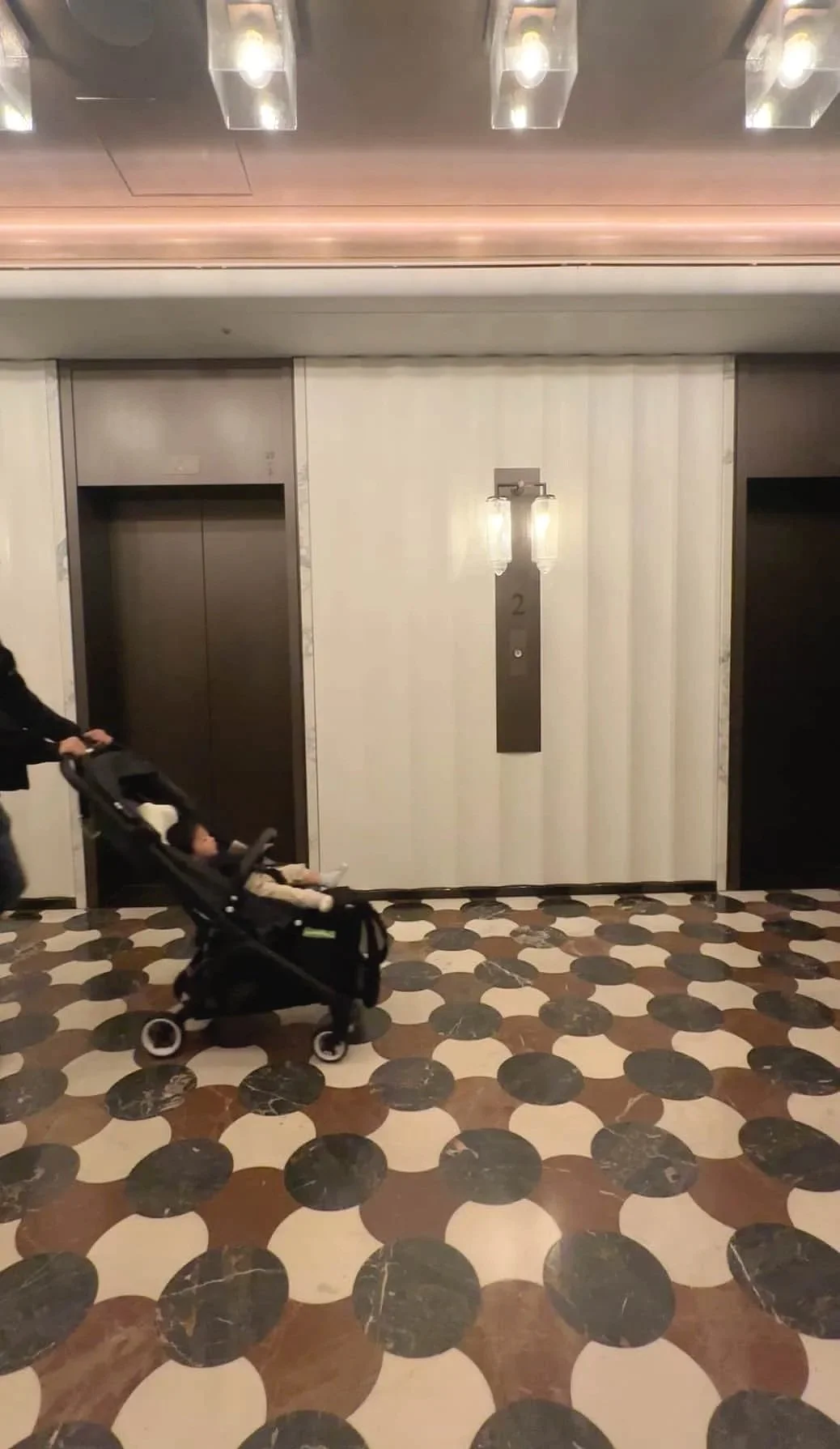 Stroller in Hyatt Regency Tokyo hotel lobby in Japan