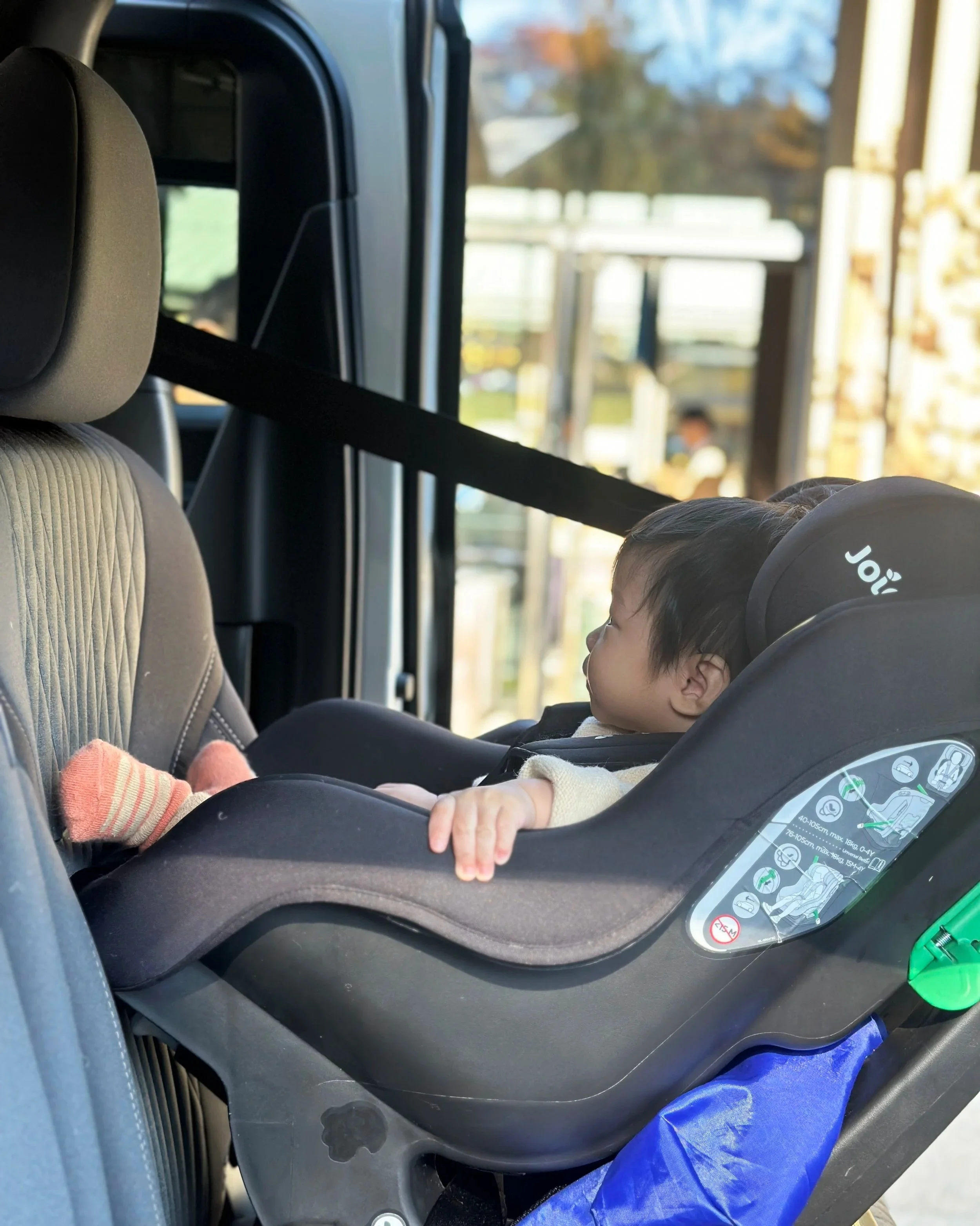 Baby in car seat during Fujisan road trip, Japan