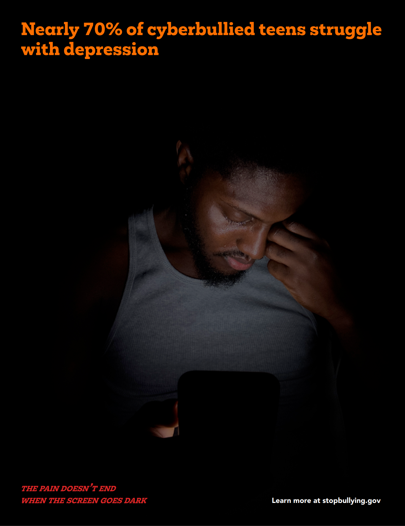 A young man with a beard and closed eyes in a dimly lit environment, holding a smartphone with the screen illuminating his face. The text in the image states, 'Nearly 70% of cyberbullied teens struggle with depression,' with additional message, 'The pain doesn't end when the screen goes dark,' and a URL for stopbullying.gov.