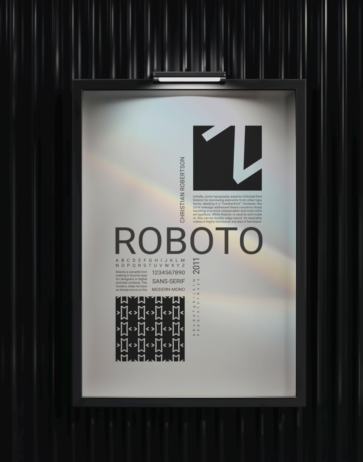 Design poster showcasing the font Roboto, with the name prominently displayed, along with sample text, font details, and a decorative black and white pattern.