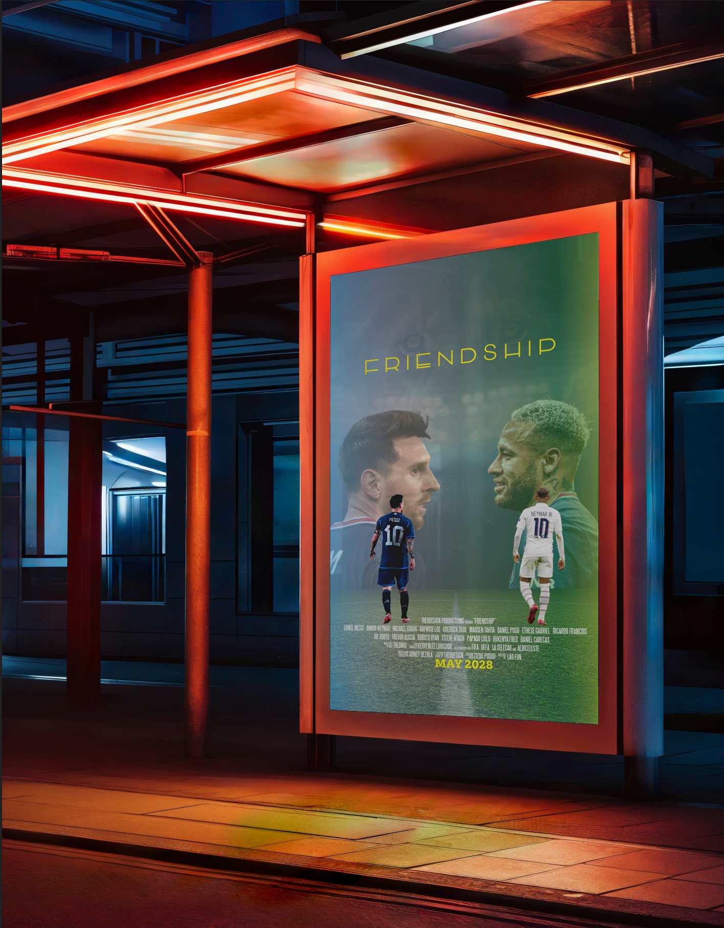 A brightly lit billboard promoting the movie 'Friendship' with two soccer players facing each other, Lionel Messi and Neymar Jr., standing on a field. The poster displays the release date of May 2028 and features the word 'Friendship' prominently at the top.