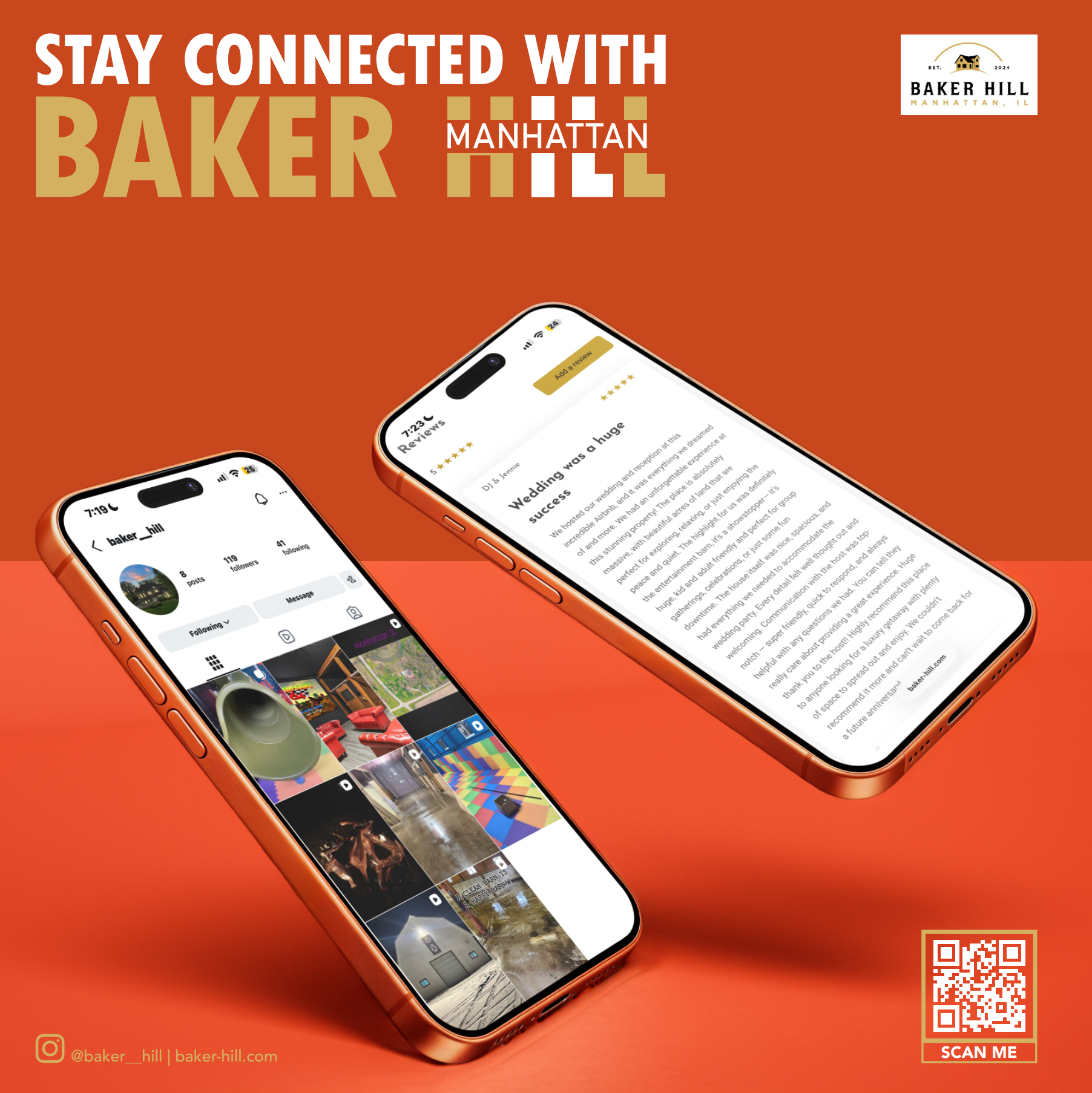 Orange iPhone displaying a social media profile and a photo gallery. Bright orange background with large text saying 'Stay Connected with Baker Hill'. Small logo in top right corner and a QR code in bottom right corner.