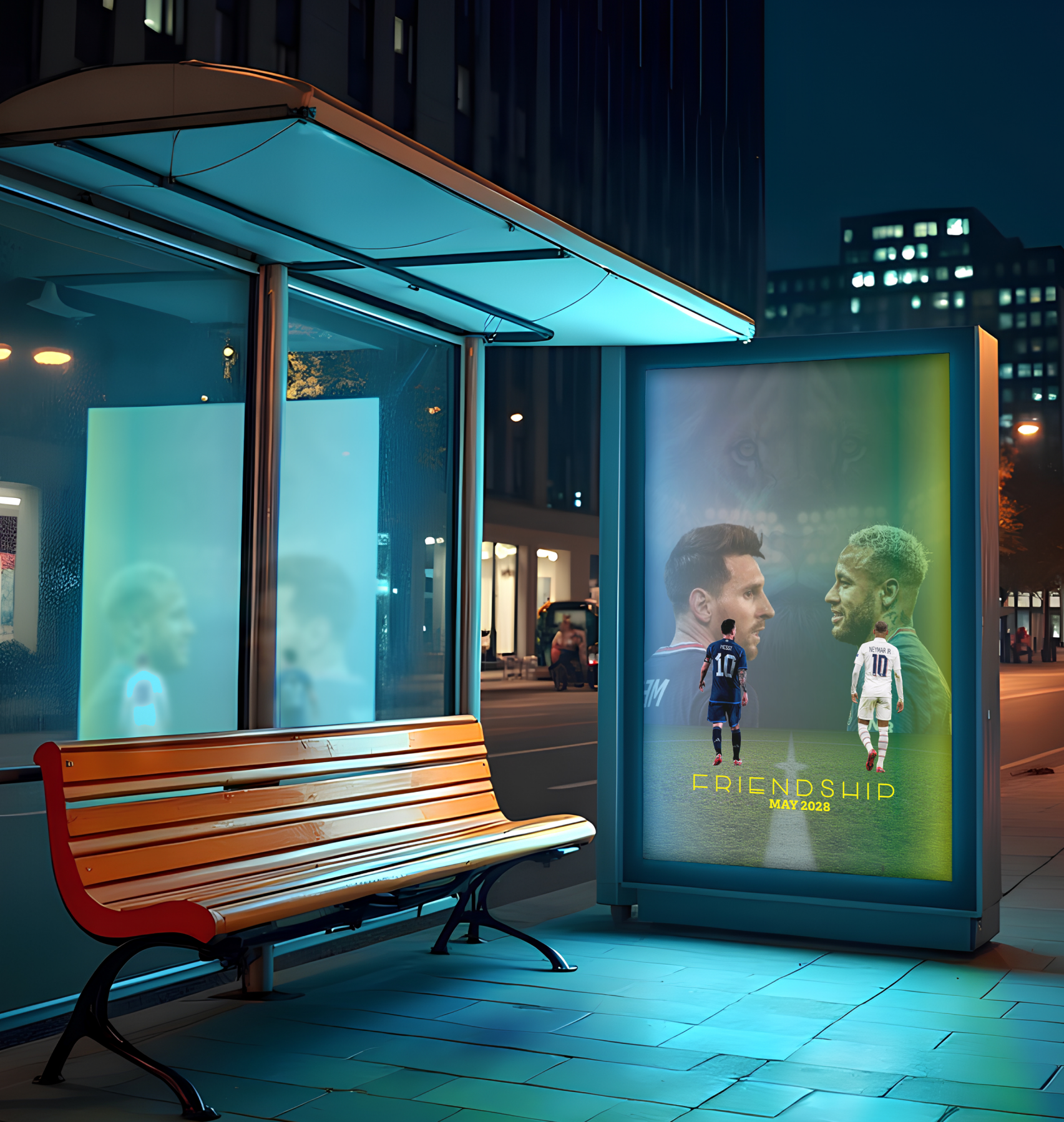 An outdoor bus stop at night with an illuminated digital poster showing two soccer players and the text "FriendSHIP May 2028." A wooden bench with black metal armrests and a curved backrest is positioned next to the poster. The background features tall buildings with illuminated windows and a dark blue sky.