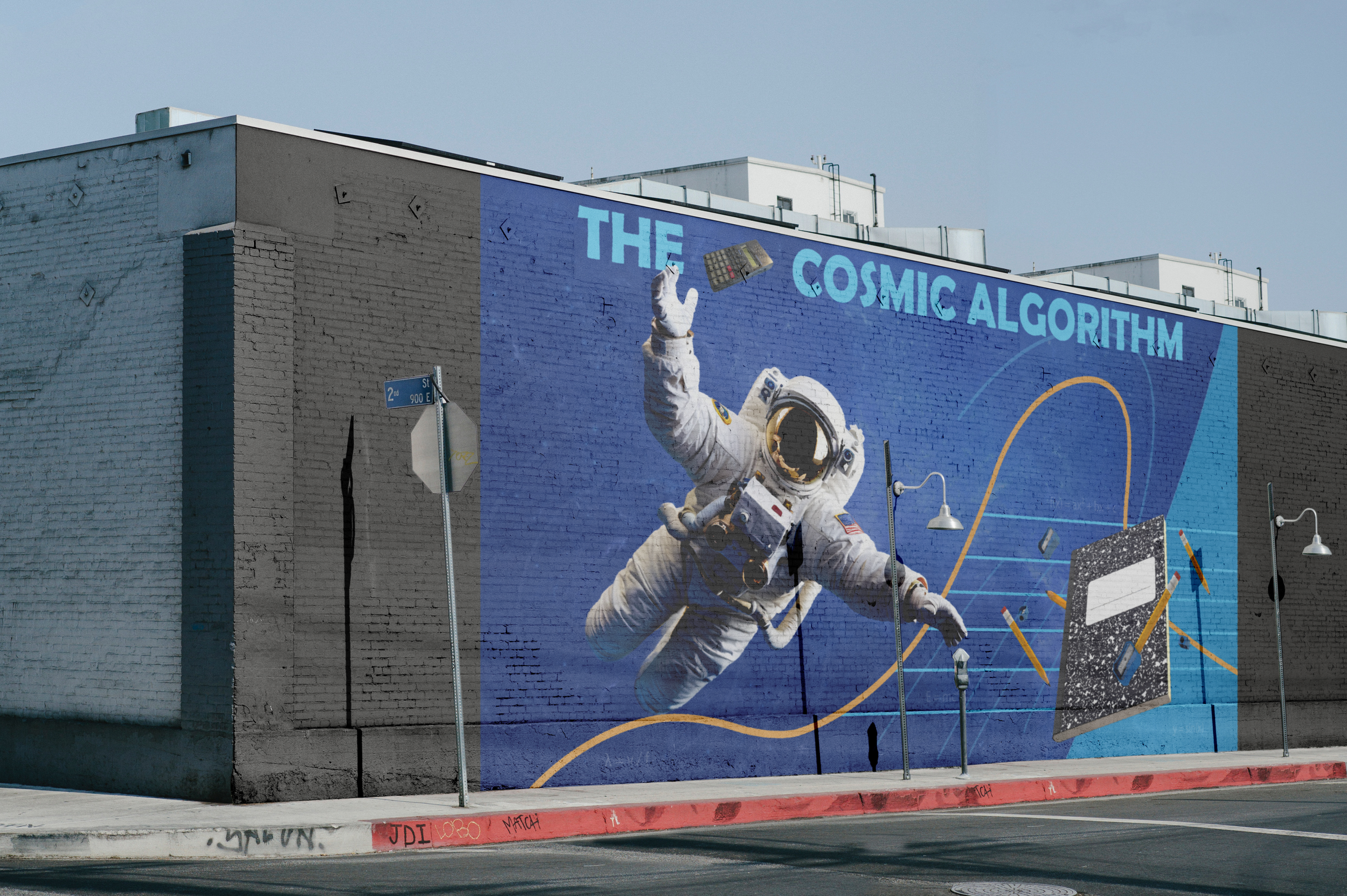 A mural on a building wall depicts an astronaut floating in space with a laptop and a calculator, and the words "The Cosmic Algorithm" in bold letters.