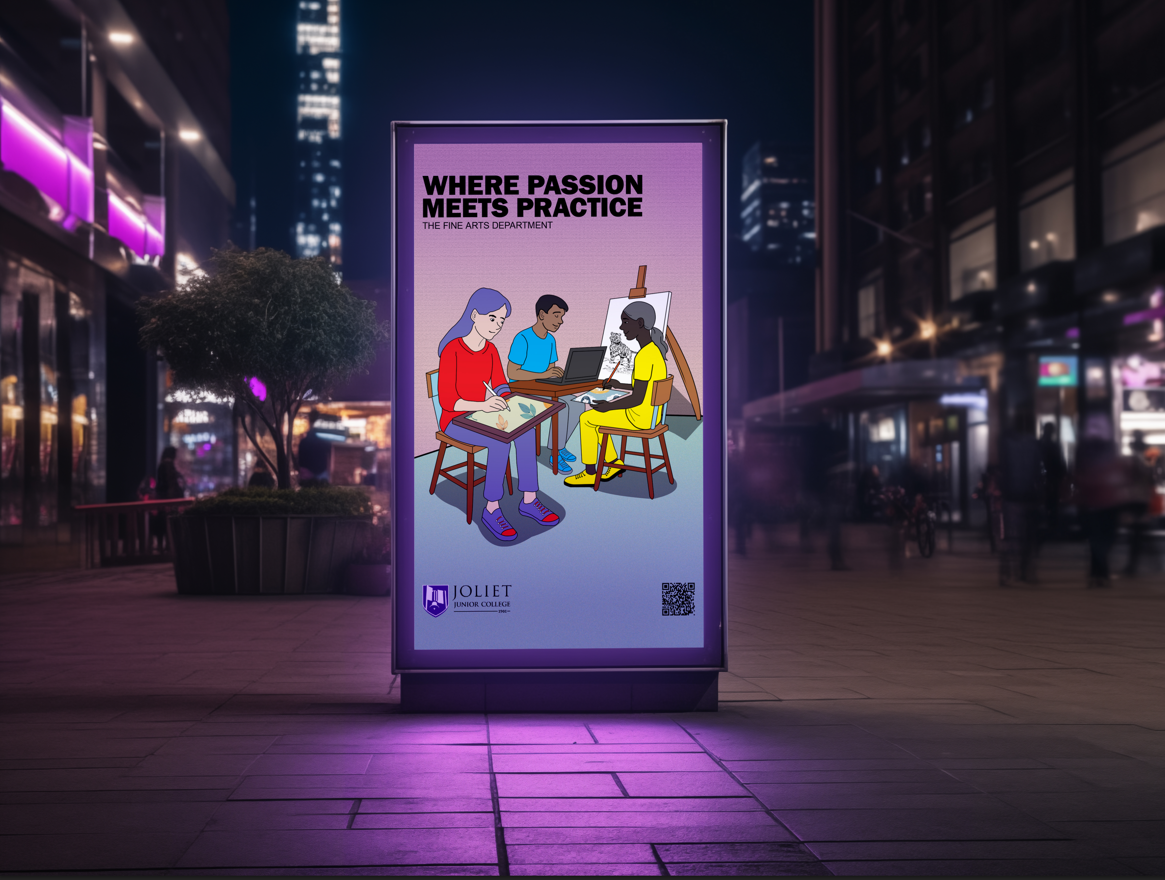 Night-time outdoor digital billboard displaying an illustration of three people at an art class, with the words "WHERE PASSION MEETS PRACTICE" and "The Fine Arts Department" along with the Joliet Junior College logo.